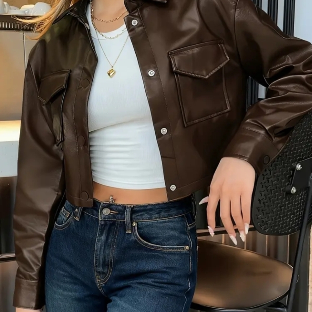 Women's Brown Faux Leather Jacket‎